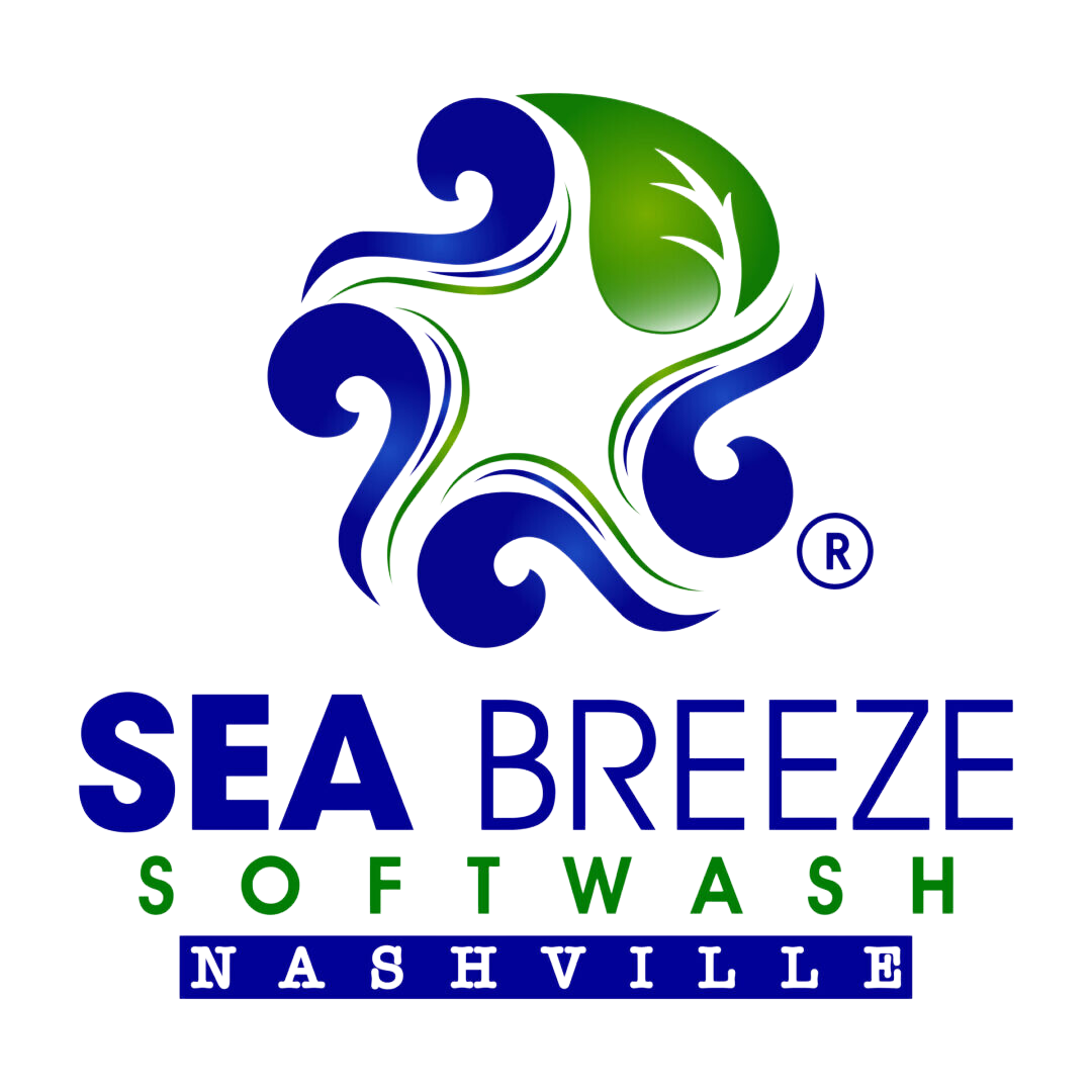 A green background with the words sea breeze softwash in blue.
