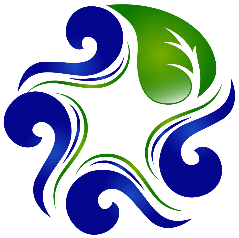 A green and blue swirl with a leaf in the center.