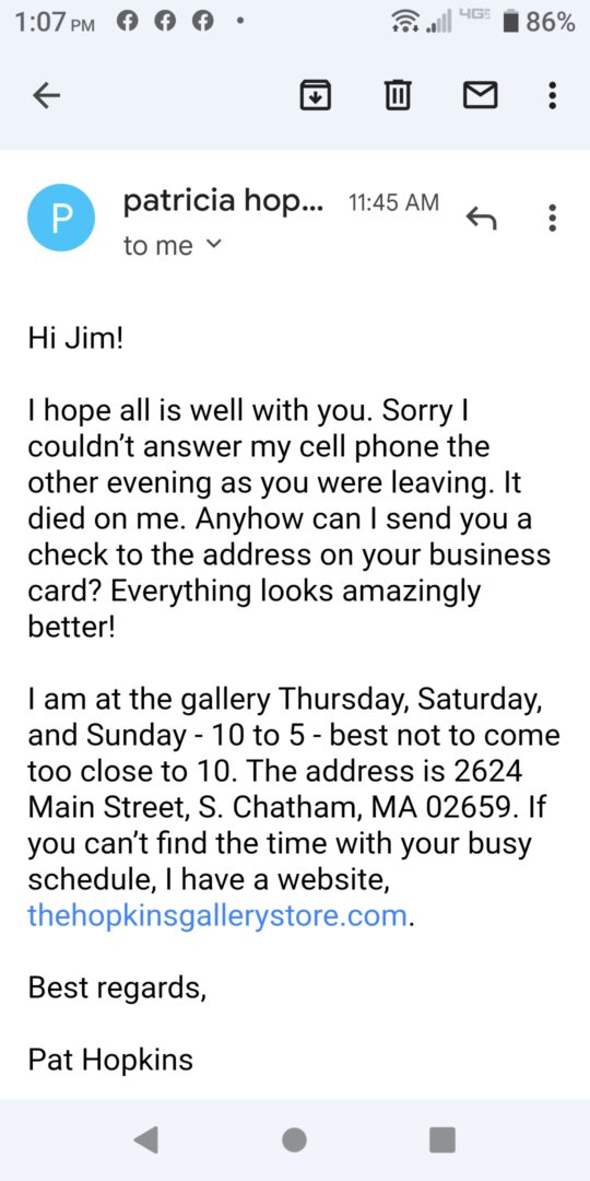 A business card is posted on the back of an email.