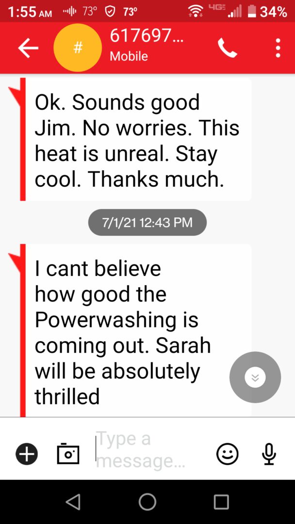 A text message with two lines and one line that says " jim, no worries ". This heat is unreal. Stay cool. Thanks much."