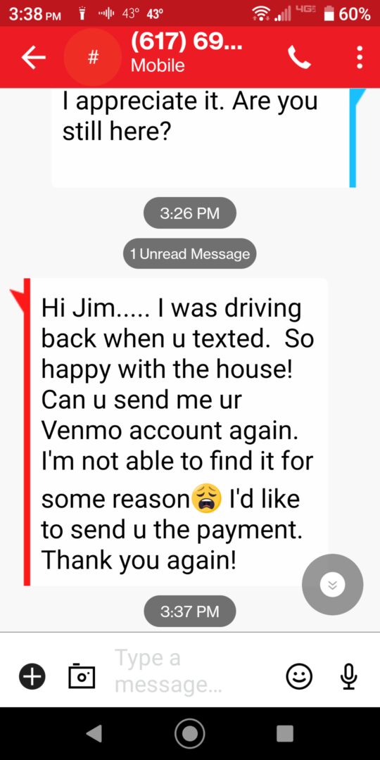 A person is text message with an email.